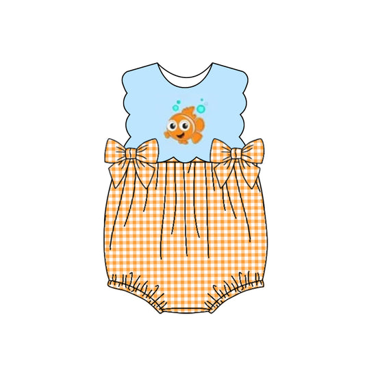 custom S cartoon cute fish sky blue orange checkered sleeveless girls romper