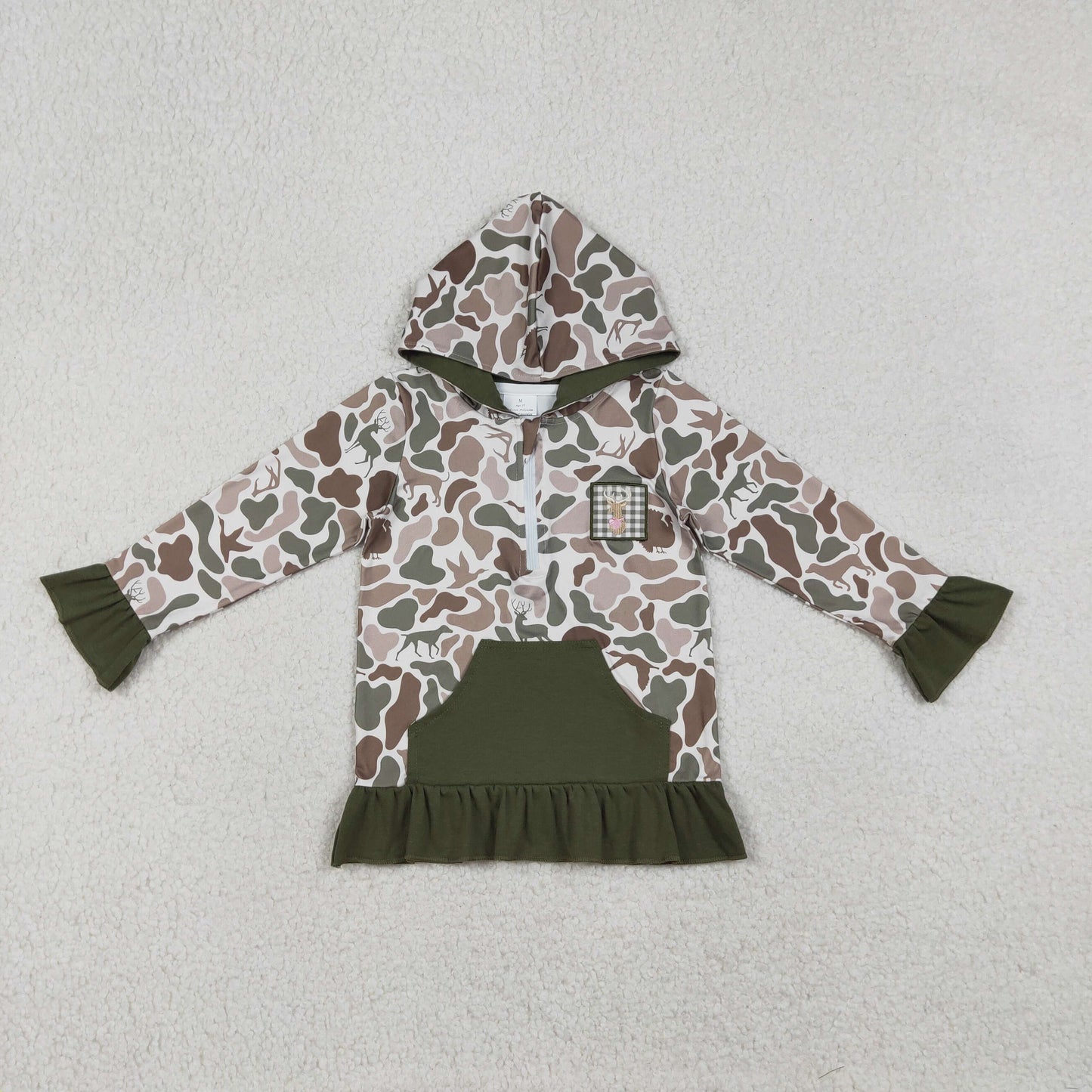 Embroidery GT1136 hunting deer camo pocket hoodie long sleeve girls top