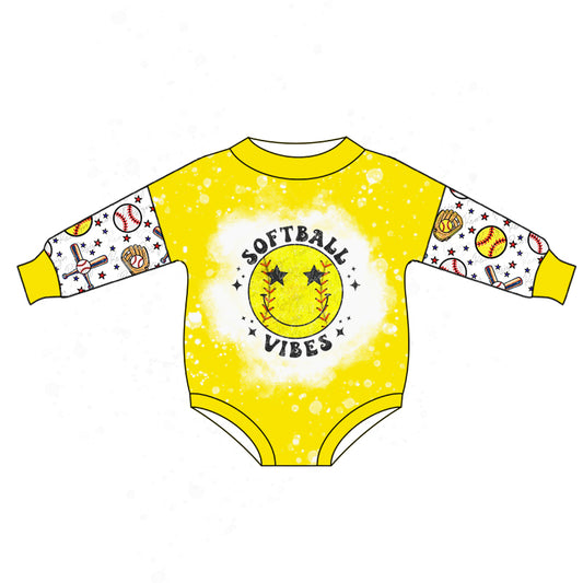 preorder LR0779 Softball vibes smile yellow long sleeve kids romper