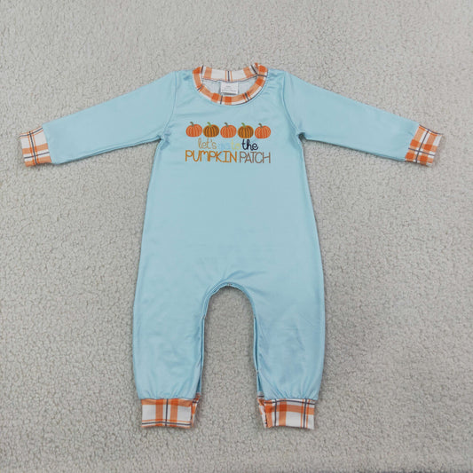 LR1189 let go to the pumpkin patch blue long sleeve boys romper