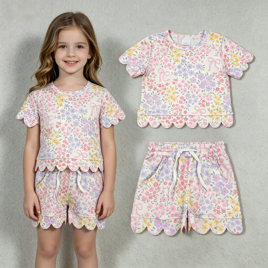 GSSO3270 Scallop Pink Bows Flowers Short Sleeve Shorts Girls Set