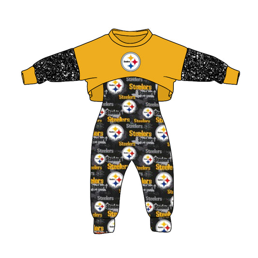 custom moq 3 football team Steelers yellow long sleeve jumpsuits girls set