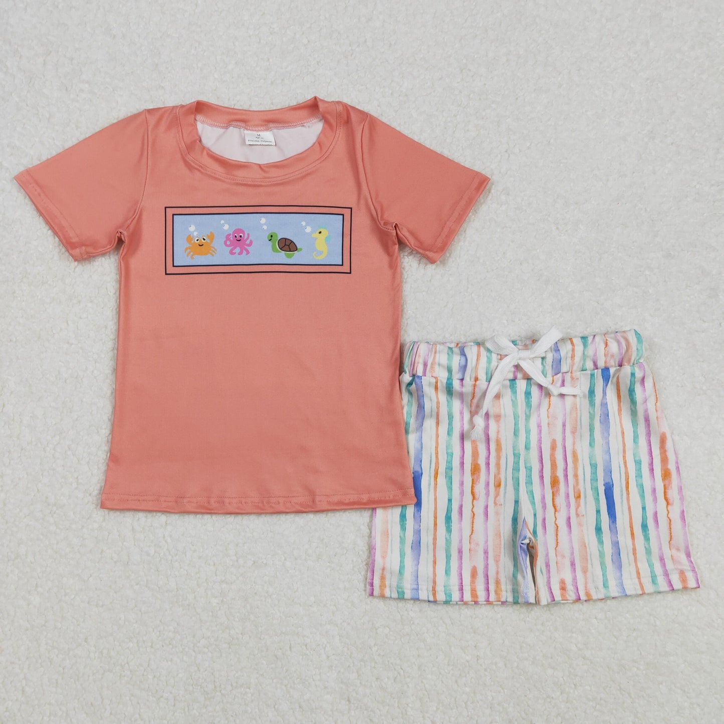 BSSO1278 Crab Octopus Turtle Seahorse orange short sleeve striped shorts boys set