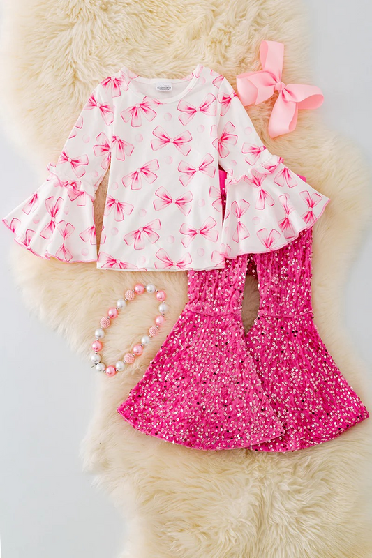 custom style pink bows long sleeve hot pink sequin pants girls set