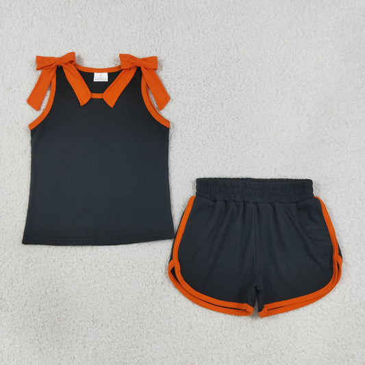 GSSO3822 Black Orange Bows Sleeveless Shorts Girls Set
