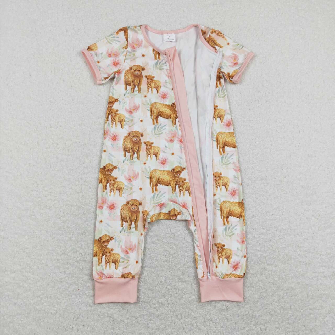 SR0940 Western Highland Cow Flowers Pink Short Sleeve Zipper Girls Romper