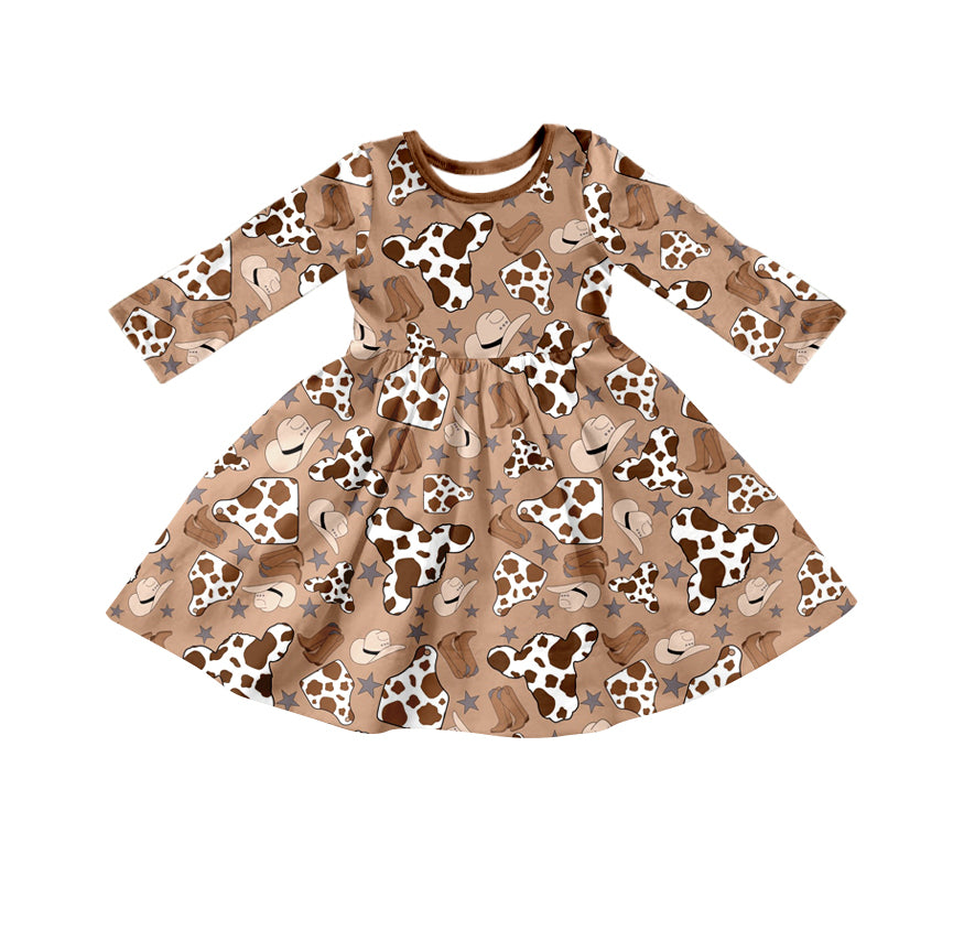 preorder GLD0394 Western cow print brown long sleeve girls dress