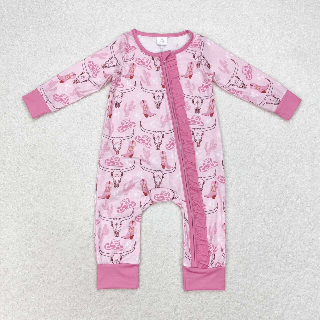 LR0689 bamboo Western cow boot pink long sleeve girls romper