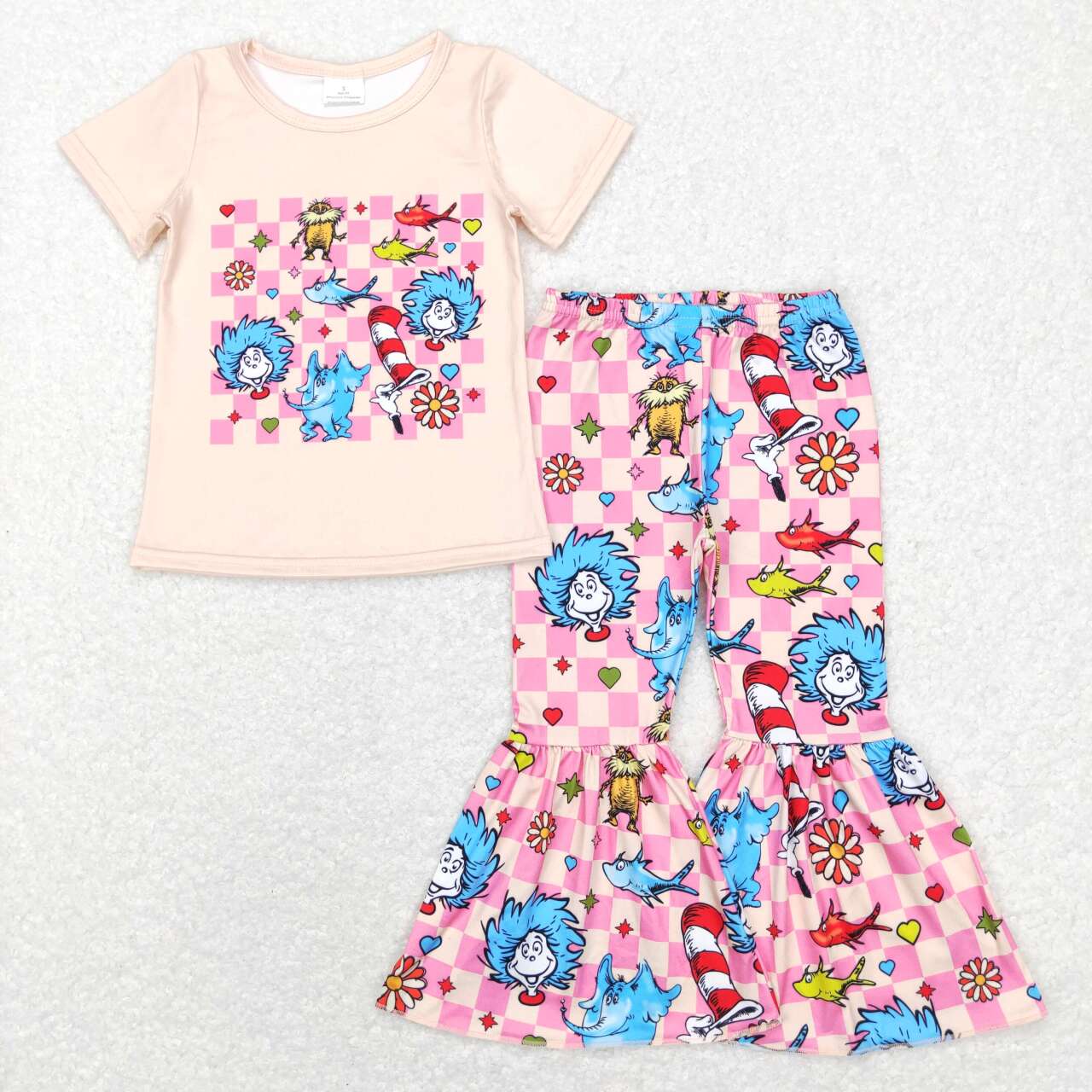 GSPO0923 Dr pink checkered short sleeve pants girls set