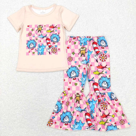 GSPO0923 Dr pink checkered short sleeve pants girls set
