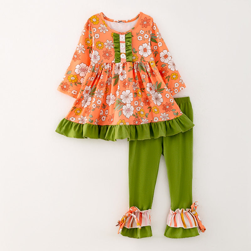 custom style orange flowers long sleeve green pants girls set