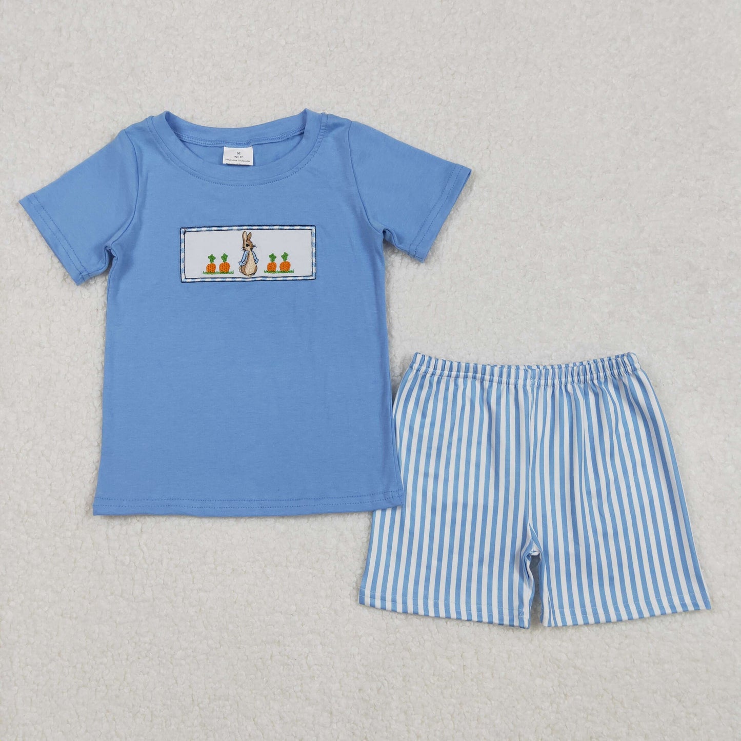 embroidery BSSO1026 Easter bunny rabbit carrot blue short sleeve striped shorts boys set