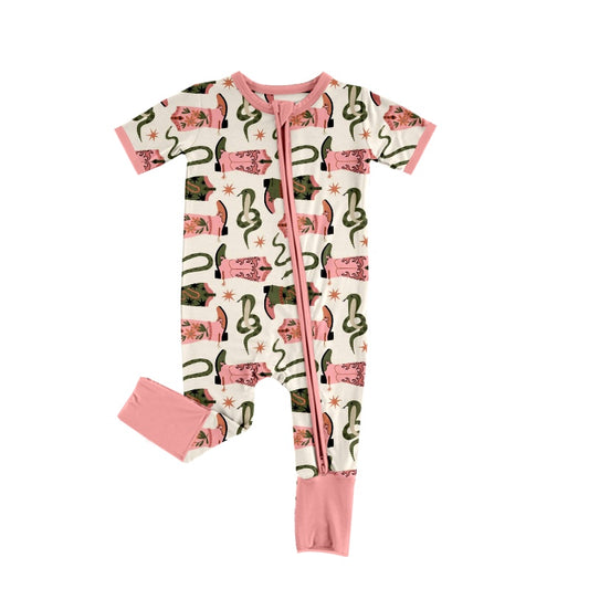 preorder Western Boot Snake Pink Short Sleeve Zipper Girls Romper
