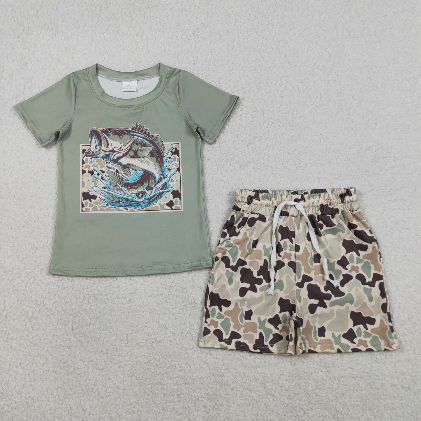 BSSO1835 Fishing Green Short Sleeve Camo Shorts Boys Set