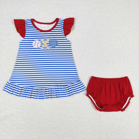 GBO0354 embroidery Play Baseball Blue Striped Flutter Sleeve Red Girls Bummies Set