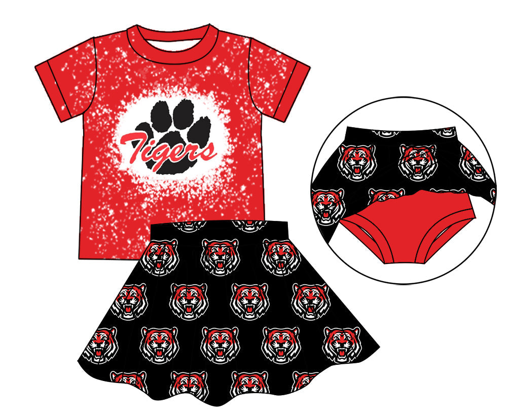 custom style Tiger red short sleeve black short skirts girls set