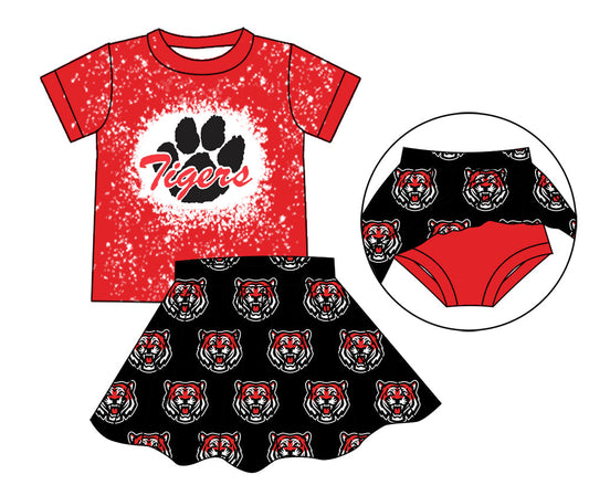 custom style Tiger red short sleeve black short skirts girls set
