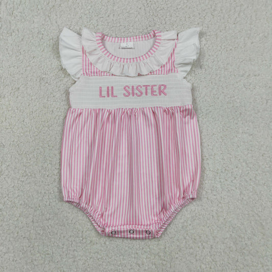 Embroidery Smocked SR3593 Lil Sister Pink Flutter Sleeve Girls Romper