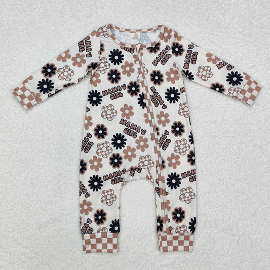 bamboo LR1951 mama's girl flowers brown long sleeve zipper girls romper