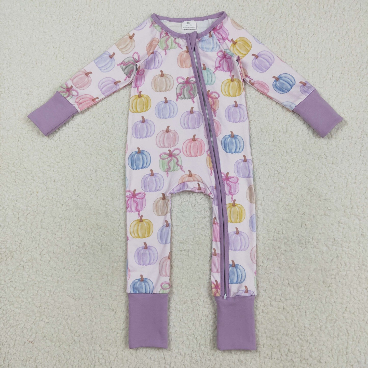 Custom moq 20 bamboo colorful pumpkin bows purple zipper long sleeve girls romper