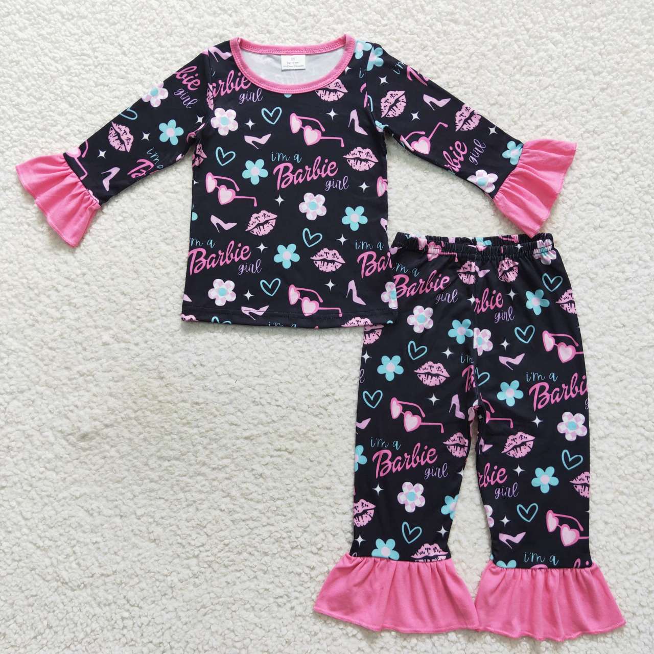 GLP0652 Pink BA flowers black long sleeve pants girls pajamas kids clothes