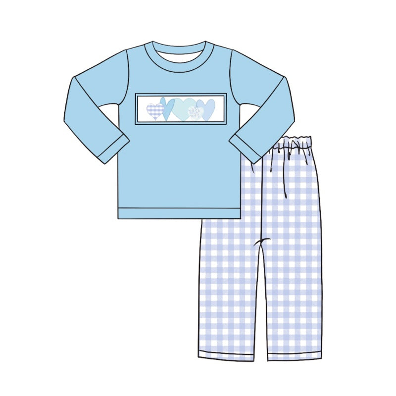 custom moq 3 Blue heart long sleeve blue checkered pants boys set