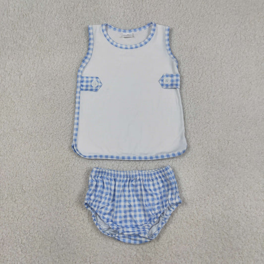 GBO0532 White Sleeveless Blue Checkered Boys Set