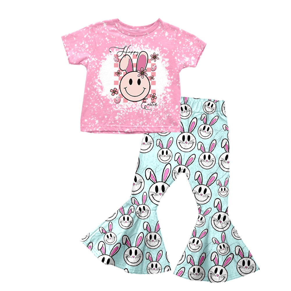 Preorder Easter Rabbit Smile Pink Short Sleeve Blue Pants Girls Set