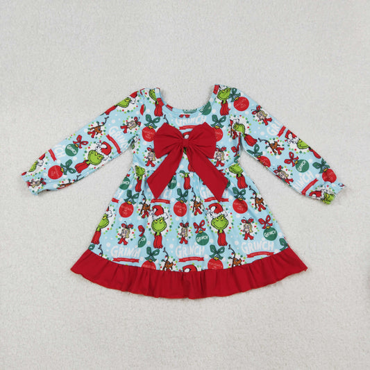 GLD1269 Christmas green face blue with big red bow long sleeve girs dress