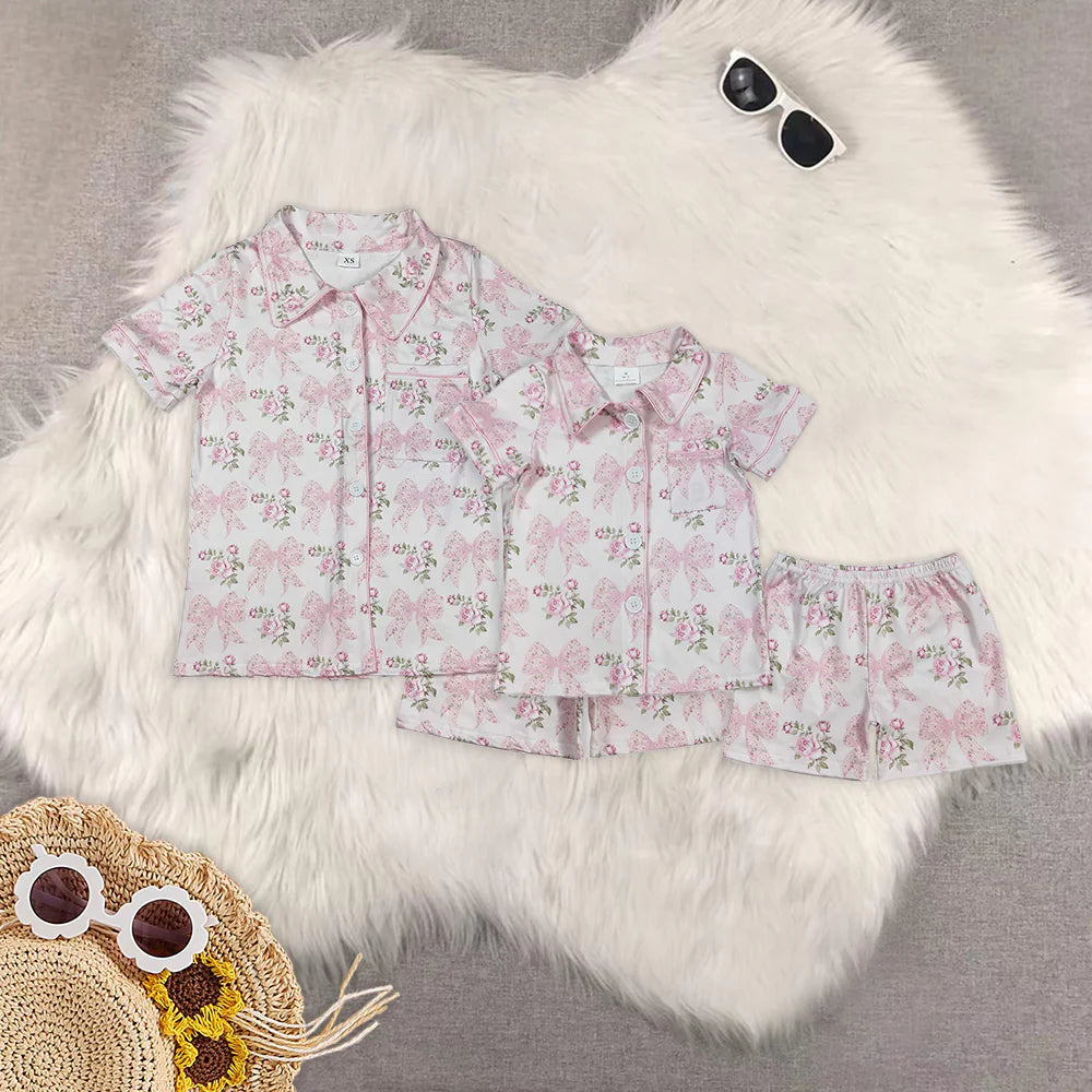 mama and me pink bows flowers pajamas RTS sibling clothes
