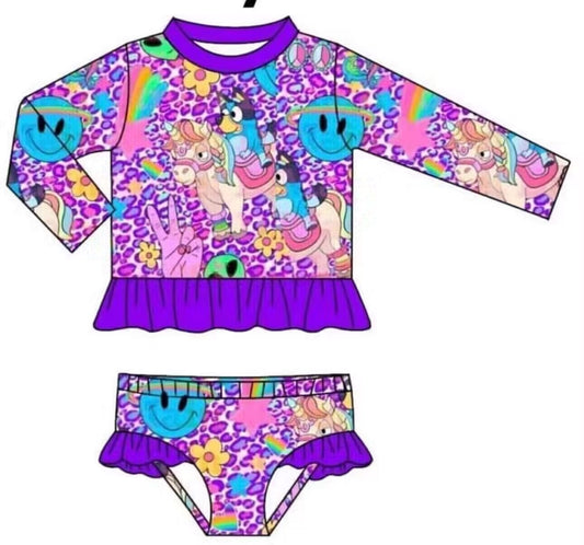 custom S cartoon blue dog rainbow purple leopard long sleeve 2pcs girls swimsuits