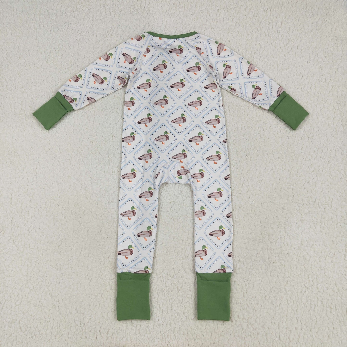 Custom moq 20 bamboo hunting mallard duck green zipper long sleeve boys romper