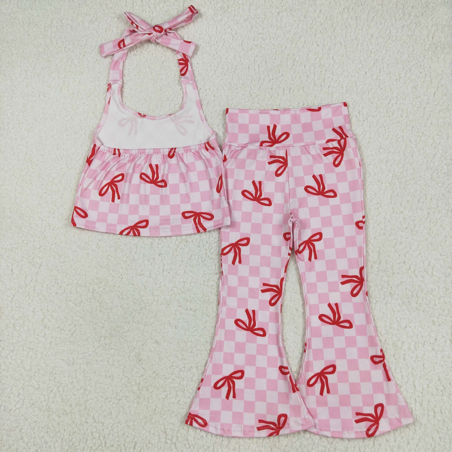 GSPO2030 pink checkered red bows straps pants girls set