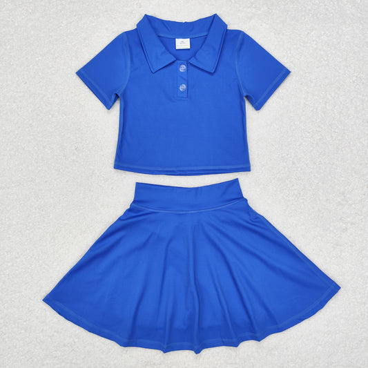 GSD1396 blue short sleeve skirt girls set Active Wear Athletic