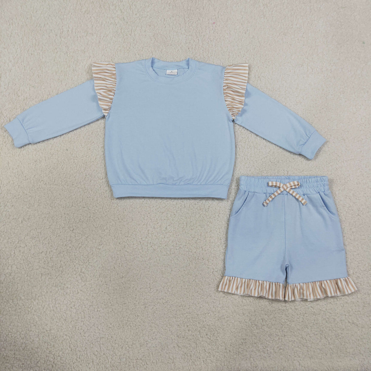 GLS0216 Cotton Blue Long Sleeve Shorts Girls Set