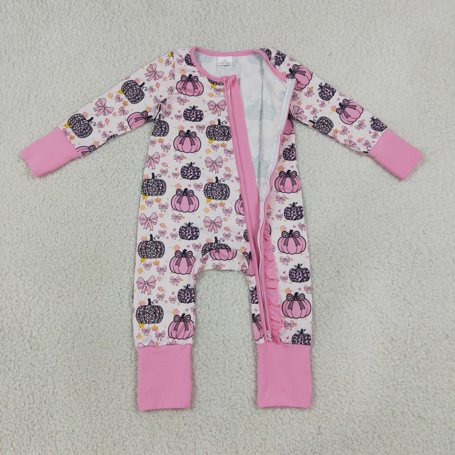 LR3061 Pumpkin Pink Zipper Long Sleeve Girls Romper