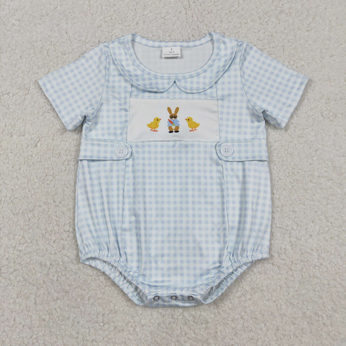 SR3566 Easter Rabbit Chick Blue Checkered Short Sleeve Boys Romper