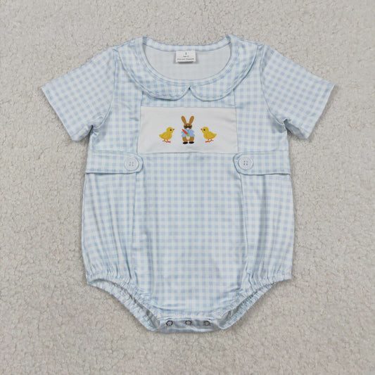 SR3566 Easter Rabbit Chick Blue Checkered Short Sleeve Boys Romper