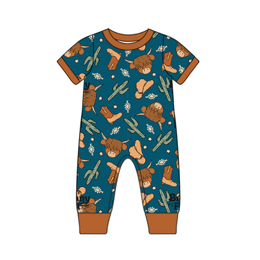 preorder SR0945 Western Highland Cow Cactus Blue Short Sleeve Boys Romper
