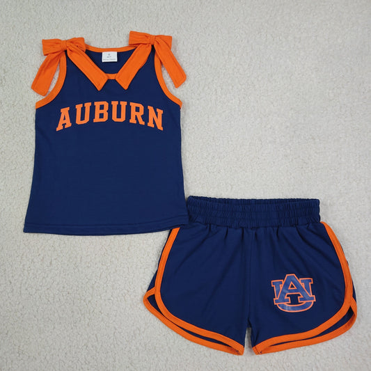 GSSO3828 Invy AUBURN Navy Blue & Orange Bows Sleeveless Shorts Girls Set