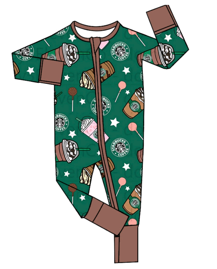 custom moq 3 cartoon coffee green zipper long sleeve boys romper