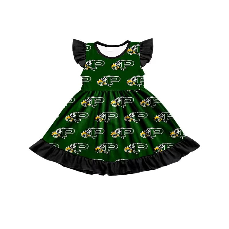 custom style EAGLES green flutter sleeve girls dress moq 3