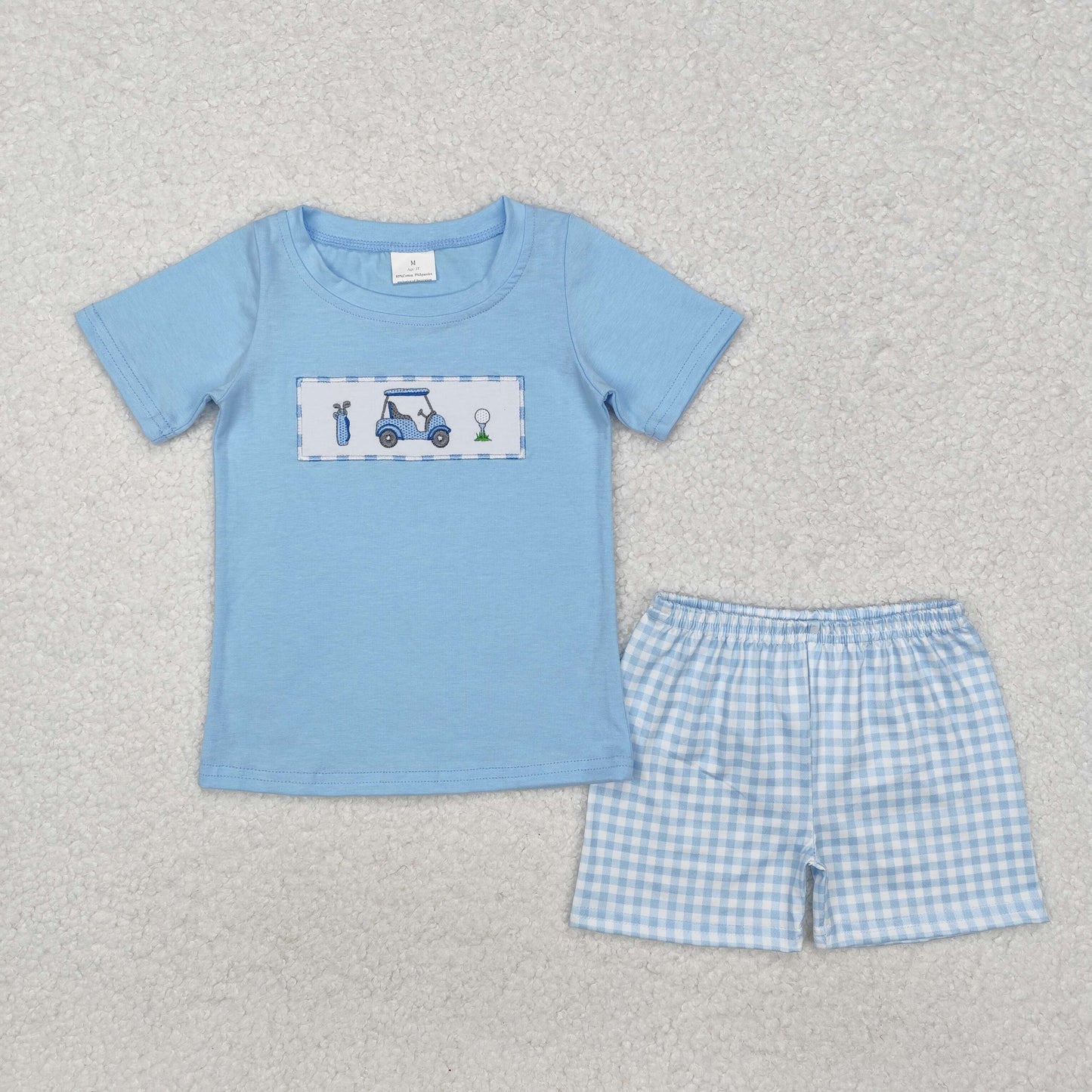 BSSO1052 cartoon golf car blue short sleeve blue checkered shorts boys set
