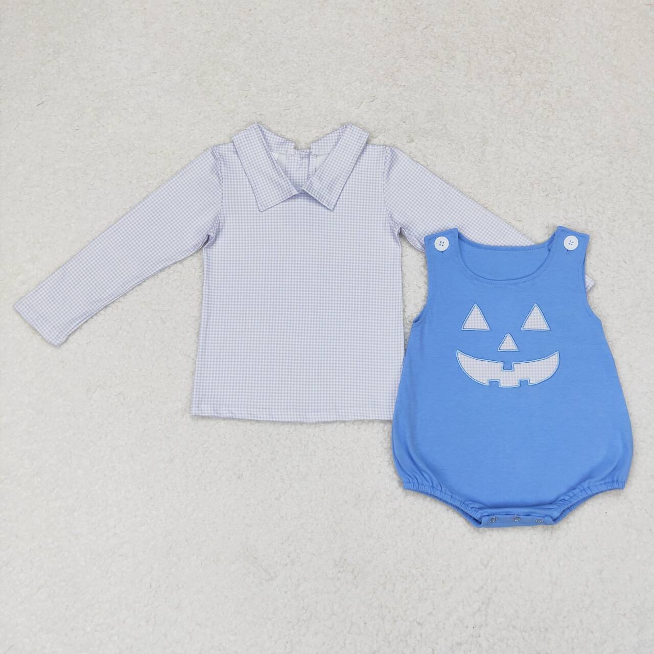 LR1172 embroidery Halloween smile pumpkin long sleeve blue boys romper 2pcs