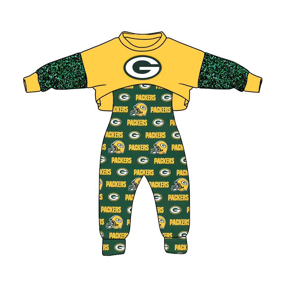 custom packers yellow green long sleeve jumpsuits girls set