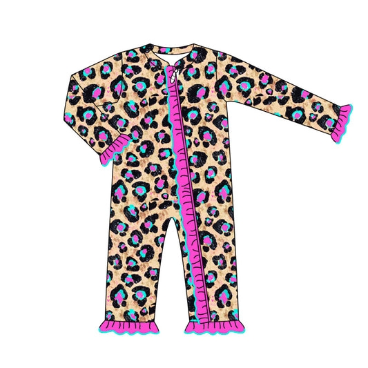 custom moq 3 LR1788 hot pink leopard long sleeve zipper girls romper