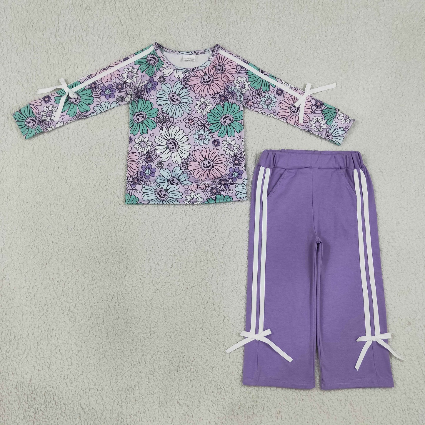 GLP3353 Halloween Pumpkin Flowers Bows Long Sleeve Pants Girls Set