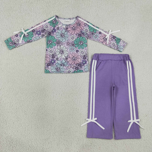 GLP3353 Halloween Pumpkin Flowers Bows Long Sleeve Pants Girls Set
