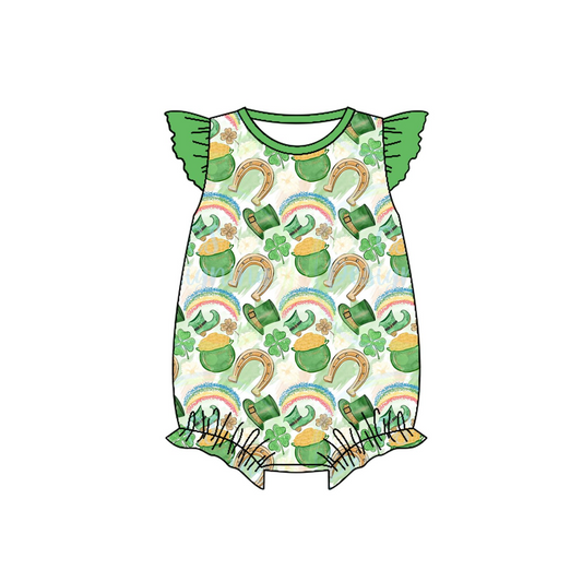 preorder SR2382 St. Patrick Clover Hat Green Flutter Sleeve Girls Romper