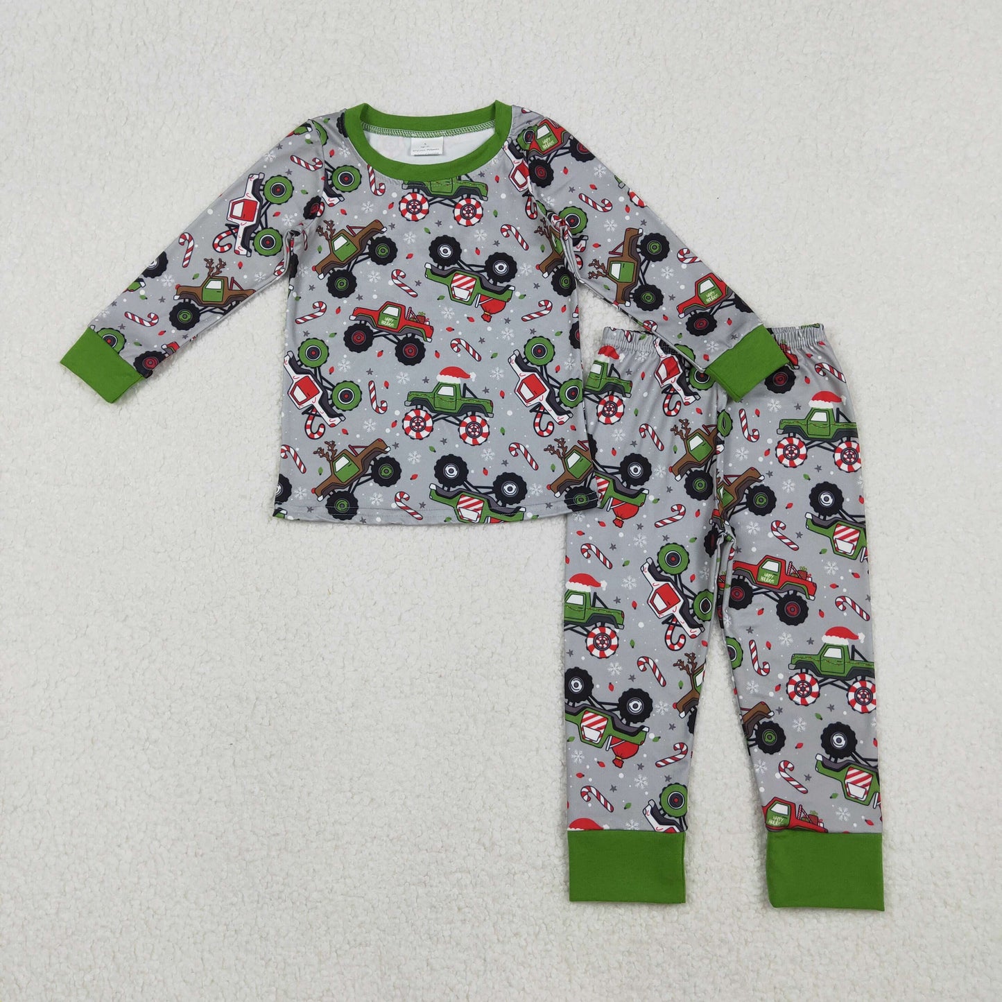 BLP1286 Christmas cane candy car green grey long sleeve pants boys pajamas
